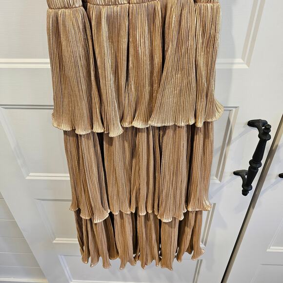 Mac Duggal 27062 Ruffle Tier Midi Metallic Gold Pleated Belted Dress Size 6 - Picture 8 of 9